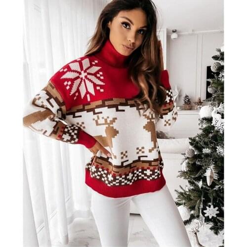 Womens Christmas Turtleneck Sweaters Long Sleeve Elk Snowflake Pattern Loose Knit Tops Womens Pullovers Streetwear Autumn