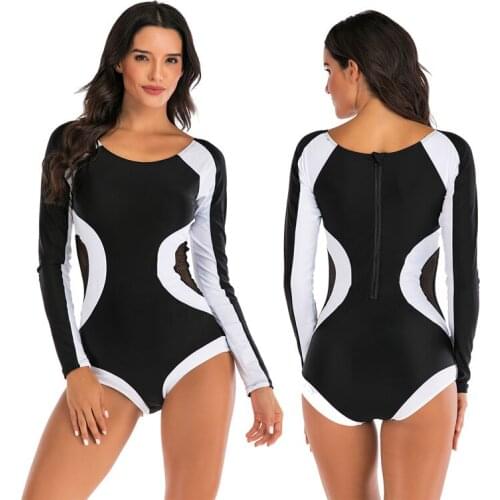 Womens Summer Beach Color-block Zip Back Maillot One Piece Swimsuit Swimwear Mesh Rash Guard Bathing Suit Bodysuit