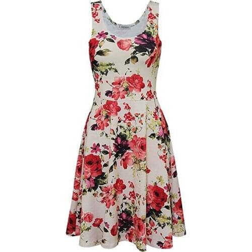 Womens Summer Flower Print Stitching Sleeveless O-neck Pullover Elegant Prairie Chic A Line Dress