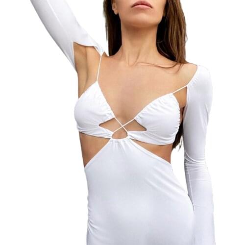 Womens Sexy Backless Dress Solid Color Deep V-Neck Long Sleeve Hollowed Out Backless Bandage White / Black