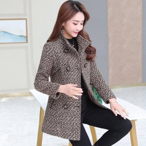 Women Wool Blends Coat Autumn Winter 2021 Fashion Mother Turtleneck Plaid Slim Long Tweed Woolen Outerwear Tops Overcoat Female