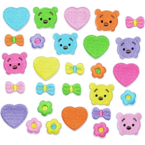 100pcs/lot Small Embroidery Patch Cartoons Bear Love Heart Flower Bow Clothing Decoration Sewing Accessory Diy Iron Applique