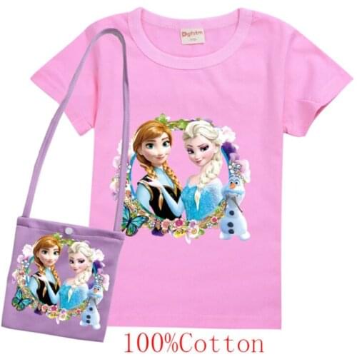 Disney Frozen Elsa Girl Sweet Cartoon Clothing Set T-shirt + Bag Children Kid Baby Tops Tee T Shirt