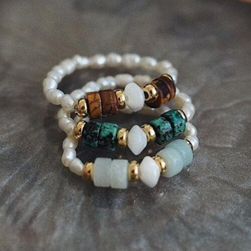 Elegant Freshwater Pearl Gemstone Rings for Women Charm Natural Stone Aquamarine Malachite Crystal Rings Adjustable Jewelry Hot