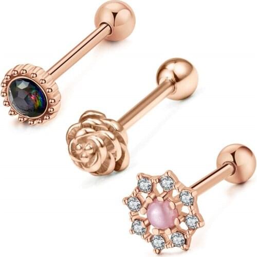 JFORYOU 3 Pcs Industrial Barbells Tongue Rings 14G Stainless Steel Pearl CZ Rose Tongue Piercing Nipple Rings Body Jewelry Women