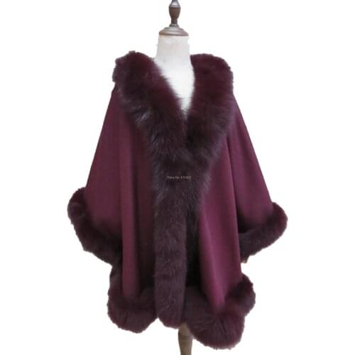 Real Cashmere Cape Coat Best Fox fur Trim Poncho Oversize Fit all size Wine red