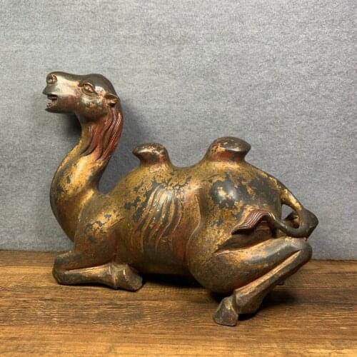 9"Chinese temple collection Old Bronze Cinnabar Lacquer Camel statue Desert camel Lucky Ornaments Town House Exorcism