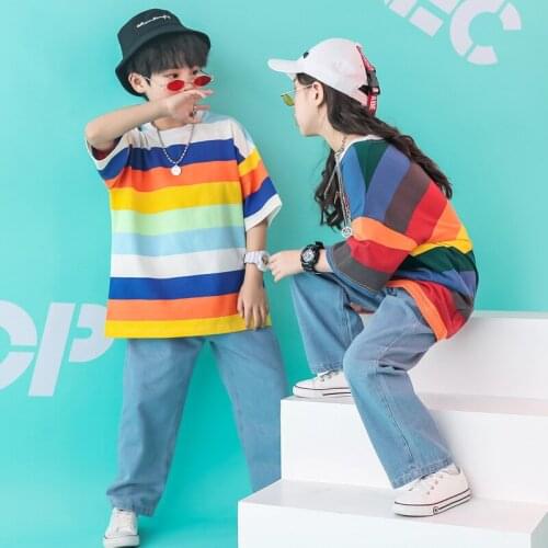 Kids Jazz Dance Clothing Set Boy Girl Rainbow Striped Shirt Jeans Pants Street Hip Hop Dance Wear Stage Performance Clothes Suit