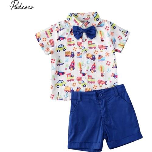 2020 Gentleman Toddler Kid Boy Car Printed Bow Tie Shirt Cartoon Top+Shorts Outfits Children School 2pcs Set