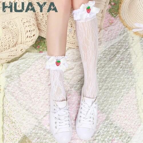Lolita Bow Strawberry Mesh Lace Stockings Girl Knee High Gothic Dress Sweet Black Cute White JP Lovely Dual Use Ruffle Hosiery