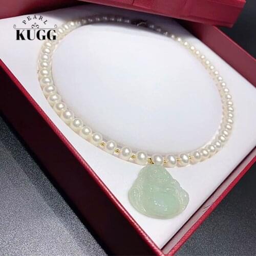 KUGG PEARL 18K Yellow Gold Necklace Natural Freshwater Pearl Jewelry Women Engagement Necklace Natural Buddha Jade Pendant