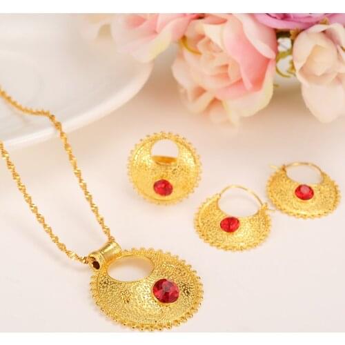 Cute Rhinestone Ethiopian Jewelry sets Pendant Necklaces/Earrings/Ring Ethiopia Gold plate Africa Bride Wedding Eritrea Set Gift