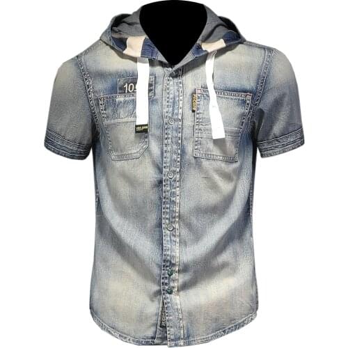 Mens short-sleeved denim shirt casual slim jeans shirt washed with hat fashion printed T-shirt