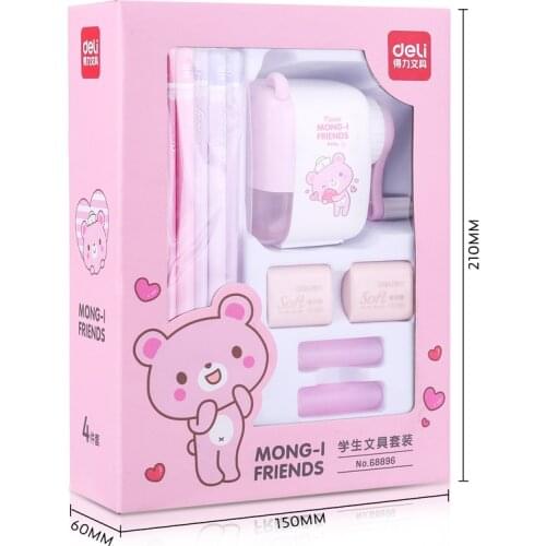 Deli Christmas Stationery Set Gift Pack Pencil + Pencil Sharpener + Rubber + Pen Holder 17Pcs Pink and Blue for Kids 68896