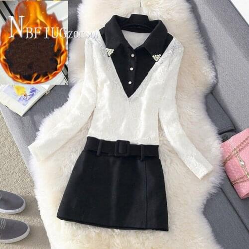 2020 Autumn New Korean Blouse Collar Fake Two Piece Women Dress Lining With Fluff Lace Plus Size Female Dresses