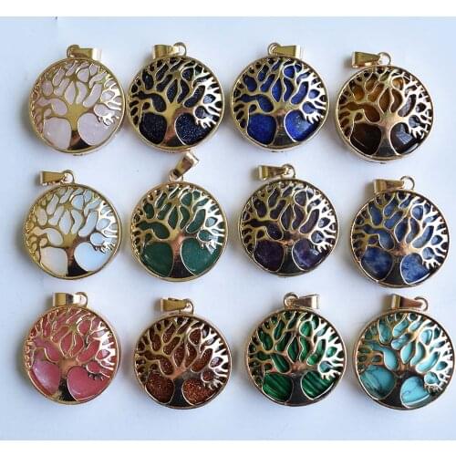 Wholesale 12pcs/lot fashion natural stone mixed gold alloy tree of life Pendants for jewelry accessories marking free shipping