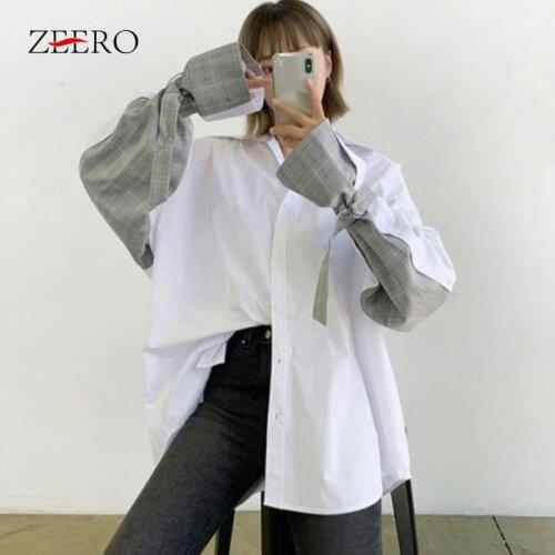 Autumn Spring White Long Sleeve Turn-down Collar Blouses Top Plaid Patchwork Joker Shirt Korea Plus Size Women Blouse Blusas