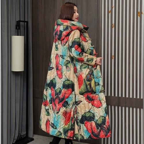Womens Winter Parkas X-long Printing Loose Hooded Female Jacket Plus Size Single Breasted Stand Collar Casual Thick Coat Ladies