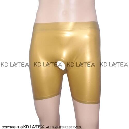 Metallic Golden Sexy Latex Boxer Shorts With Open Hole Rubber Bottoms Underpants Underwear DK-0021