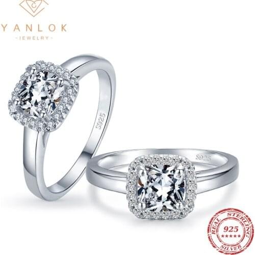 YANLOK Genuine 925 Sterling Silver Luxury Square Cushion Cut Twinkle CZ Wedding Rings For Engagement Anniversary Fine Jewelry