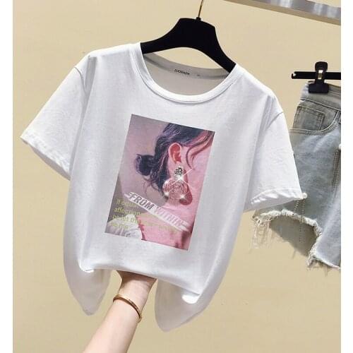 Korean summer Beading printing Short Sleeves T Shirt Top Female Tshirt Loose Women Fashion T-Shirt 2021 woman tshirts tops