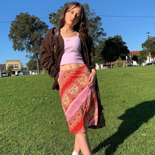 Womens Skirt Y2K Floral Print Pink Patchwork High Waist Mesh Womens Korean Casual 2000s aesthetic Fashion Midi Skirt Fairy 2021