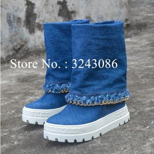 New Blue Denim Chains Woman Short Boots Fashion 10cm Heel Platform Wedge Boots Female Sexy Mid-calf Casual Boots Dropship