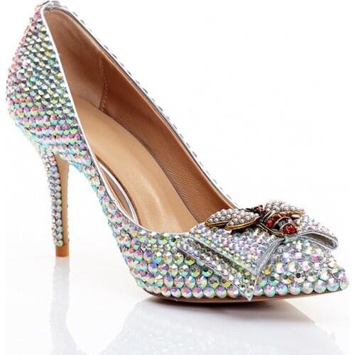 High-Qualit Silver Pointed Toe Crystal High Heels Shoes Rhinestone Ladies Pumps Bow and Bee Decoration Bridal Wedding Shoes