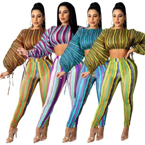 Echoine Fall Womans Print Lantern Sleeve Drawstring Lace-up Crop Tops Multicolor Striped Stitching Trousers Sexy Two Piece Set