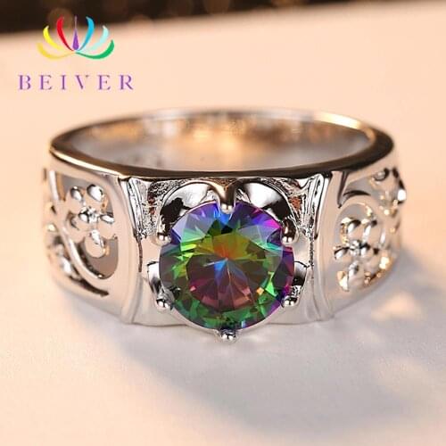 Beiver 2019 New Arrival White Gold Color Rainbow Round Zircon Promise Wedding Flower Rings for Women Party Jewelry Ladies Gifts