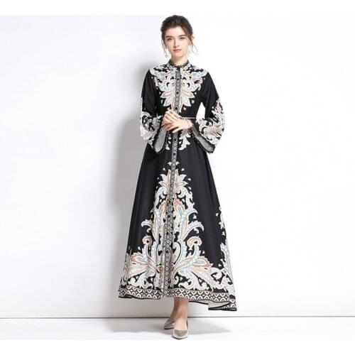 2021 autumn fashion temperament women Retro positioning printing long-sleeved flared sleeves stand collar maxi dress