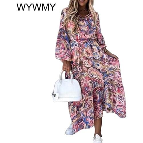 WYWMY Autumn Lantern Long Sleeve Floral Print Dress Women Vintage O Neck Boho Long Dress Sexy Elegant Summer Party Dress Vestido