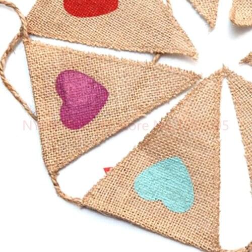 100pcs/lot 1.6M 7flags Wedding Vintage Banner Home Decor Hessian Fabric Bunting Burlap Cord Jute Rope Photobooth Love Heart Flag