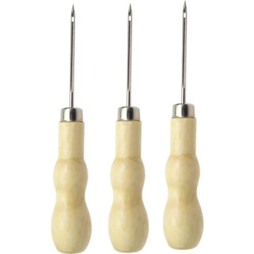 3PCS Leather Sewing Shoes Wood Handle Tool Awl Hand Stitching Taper Leathercraft Needle Tool Kit Craft Sewing Supplies