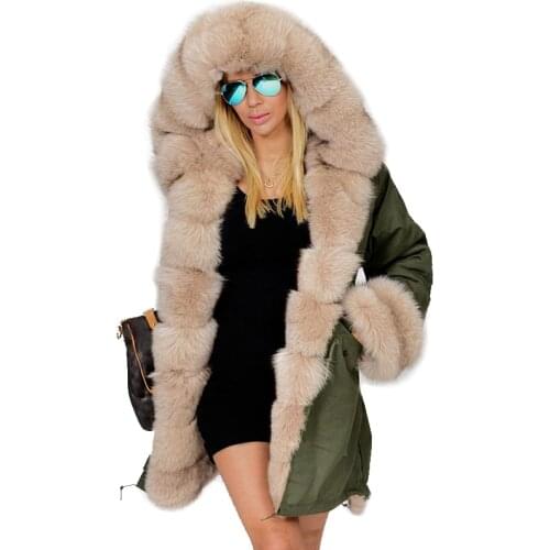 7XL Women Long Jacket Real Fur Coats 2020 New Winter Coat Plus Size Jacket Large Fox Fur Collar Detachable Faux Rabbit Fur Liner
