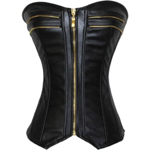 Black Leather Corset Vest for Women Zip Front Overbust Corset Top to Wear Out S-XXL