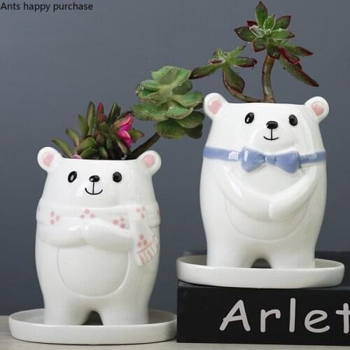 Creative White Bear Ceramic Flower Pot Cartoon Animal Sculpture Green Flower Plant Flower Flower Pot Vase Art Desktop Decoration