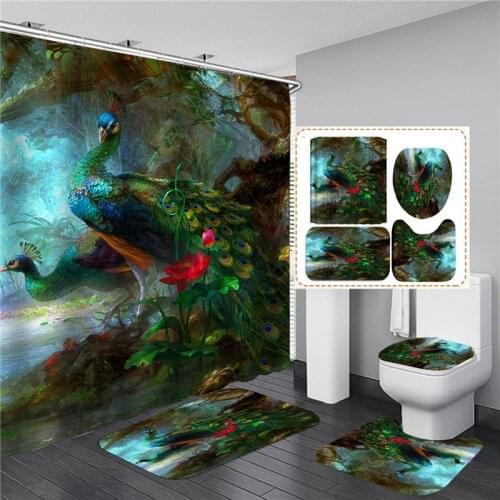 3D Peacock Printed Bathroom Set Shower Curtain Waterproof Animal Elegant Bath Screen with Anti-slip Bathing Mats Rugs Flannel