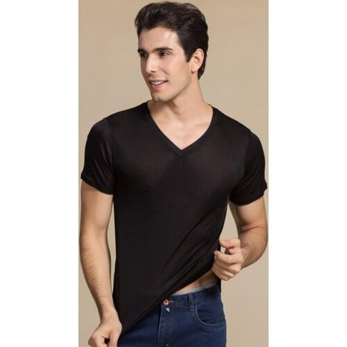 Summer new mens silk V-neck short sleeve T-shirt mulberry silk double-sided knitting bottoming shirt cultural shirt 7002