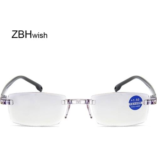 Anti Blue Reading Glasses Women Dimond Cutting Rimless Eyewear Men Anti Fatigue Hyperopia Presbyopic Glasses +1.5