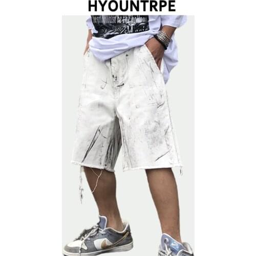 2021 Mens Summer Graffiti Denim Shorts Straight Distressed Zipper Shorts Loose Casual Short Pants Hip Hop Streetwear Joggers