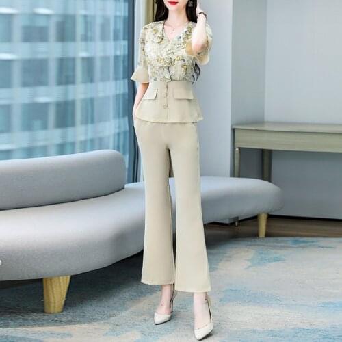 New Women Womens Set Summer Ruffles Sleeve Spliced Print Top & Elastic Waist Flare Pants Suit Two Piece Set Office Lady Outfits