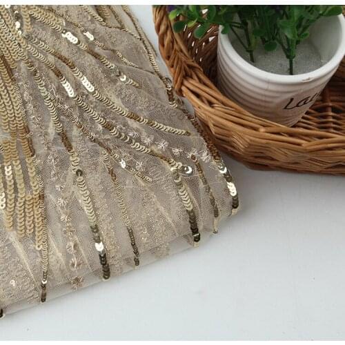Polyester Embroidery Gold Sequin Lace Fabric ,Evening Dress Lace Fabric