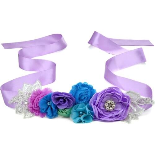 Flower Sash Belt for Wedding Bridal Waistband Accessories Pearls Flowers Lace Ribbon Belts for Kids Girls Maternity Women Dress