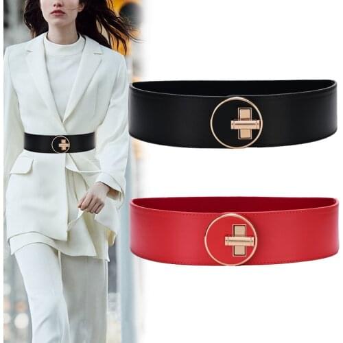 Wide Real Cowhide Girdle Belts Woman NEW Gold buckle genuine leather Waist Band dress Elastic Waist Seal Lady Apparel Accessory