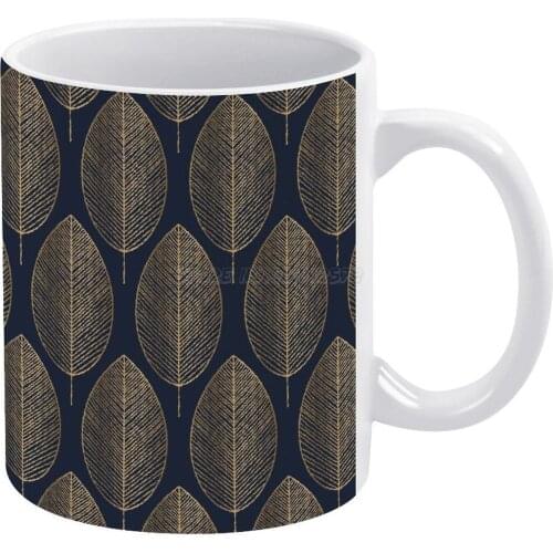 Luxurious Elegant Golden Leaves Navy Blue White Mug 11oz Funny Ceramic Coffee Tea Milk Cups Background Pattern Abstract Backgrou
