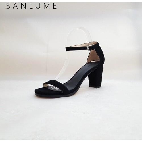 SANLUME Summer Black Suede Sandals Women Pumps Ladies Genuine Leather Sexy Shoes Woman Sandal Ankle Strap Peep Toe Thick Heels