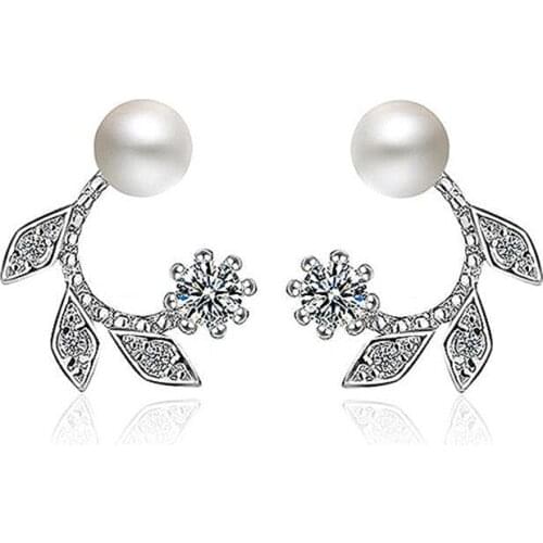 Leaf 3A Zirconia Stud Earrings Pearl Rose Gold Colors Earrings OL Style Fashion Party Jewelry Gifts For Women Girl