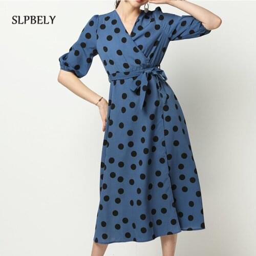 SLPBELY Women Long Dress Summer Vintage Sexy Chiffon Polka Dot V-neck A-Line Half Sleeve Party Dress Casual Sundress Maxi Dress
