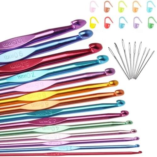 14 Sizes Crochet Hooks Set Multi-Color Aluminum Knitting Needles for Yarn Craft Set with Stitch Markers and Big Eye Needles